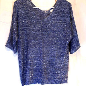 H By Halston Women's Blouse Blue Silver Marled Short Sleeve V Neck Sequined M
